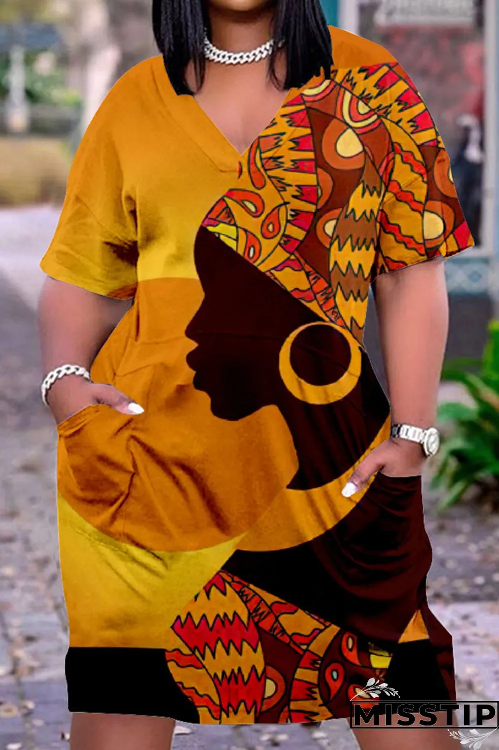 Yellow Brown Casual Street Print Patchwork V Neck Straight Dresses