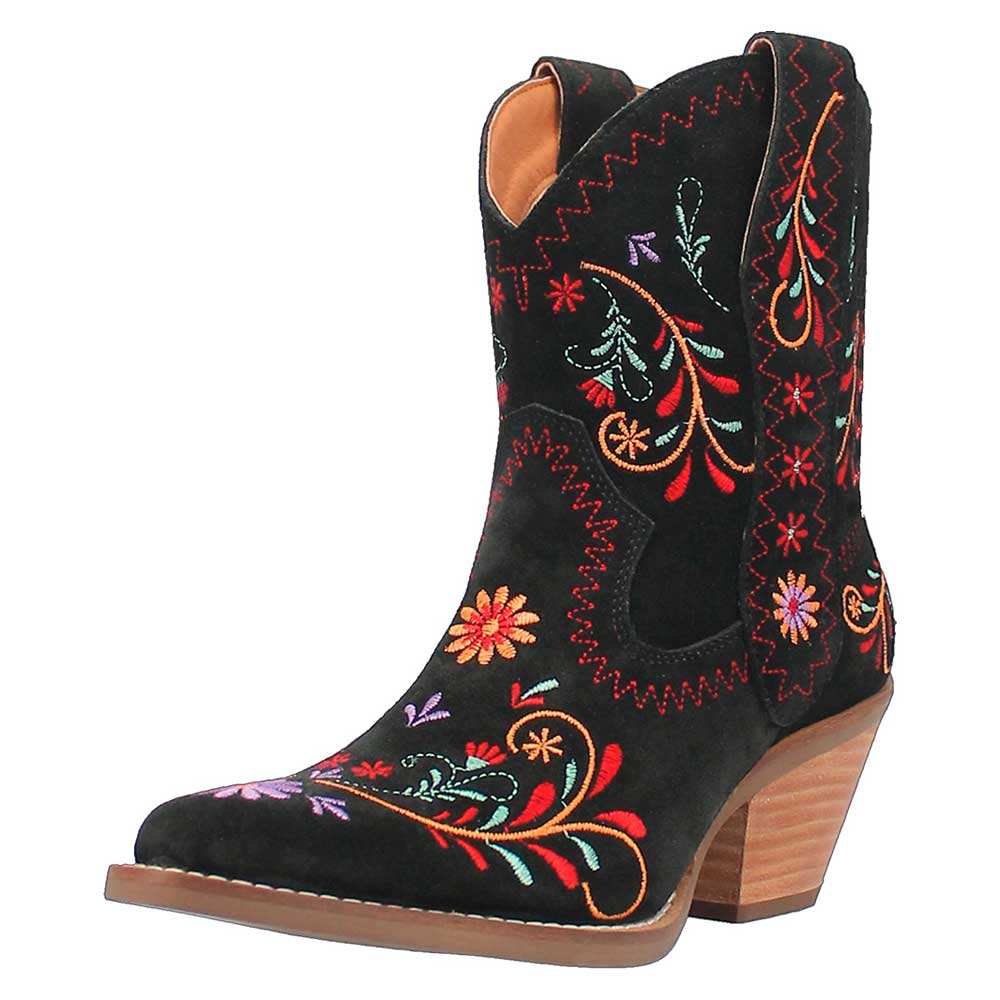 Black Almond Toe Chunky Heel Flower Embroidered Pull-On Cowgirl Boots