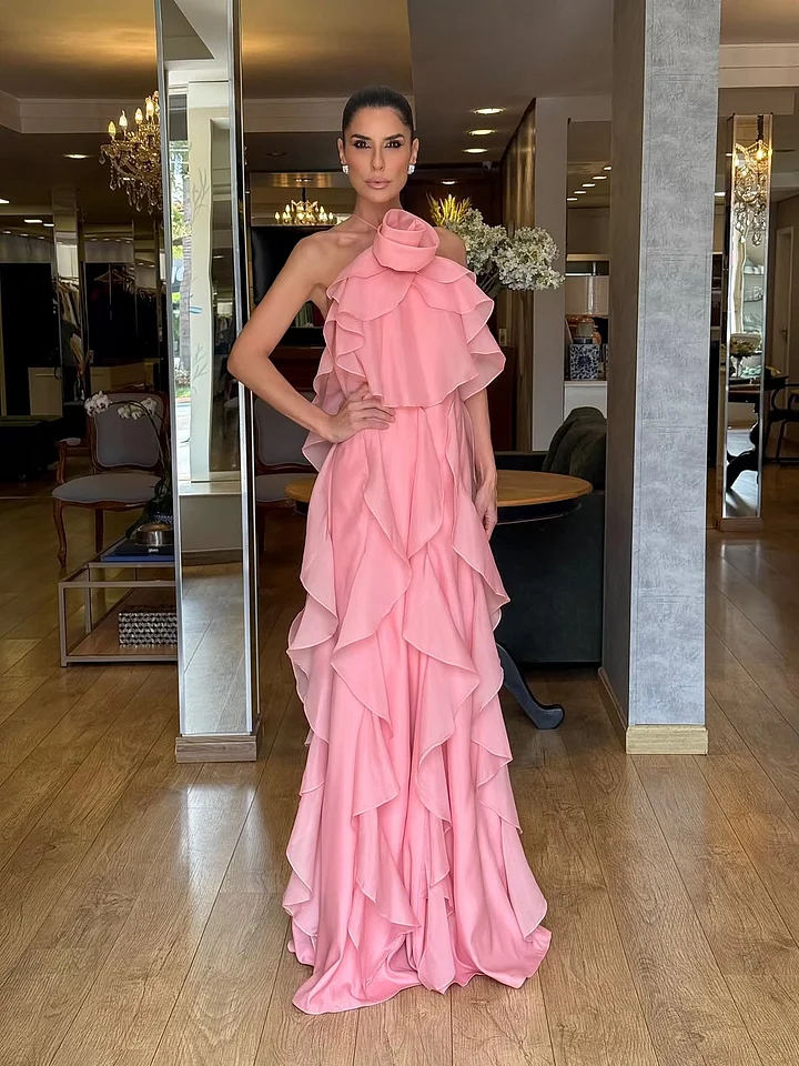 Lussooy Dreamy Pink Halter Backless Ruffles Sleeveless Handmade Flower Evening Dress