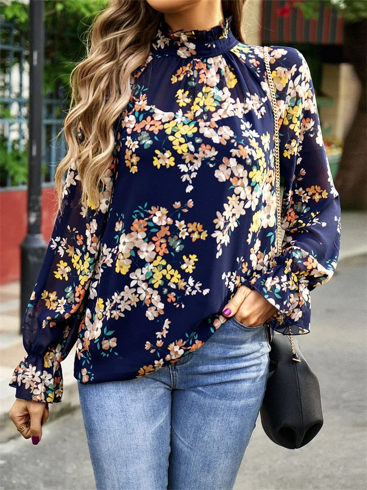 Autumn Floral Long-sleeved Shirt Female Temperament Commuter Ruffled Sleeve Comfortable Casual Shirt-Cosfine