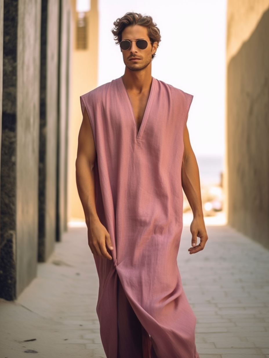 Men's Pink Color V-neck Linen Long Kaftan