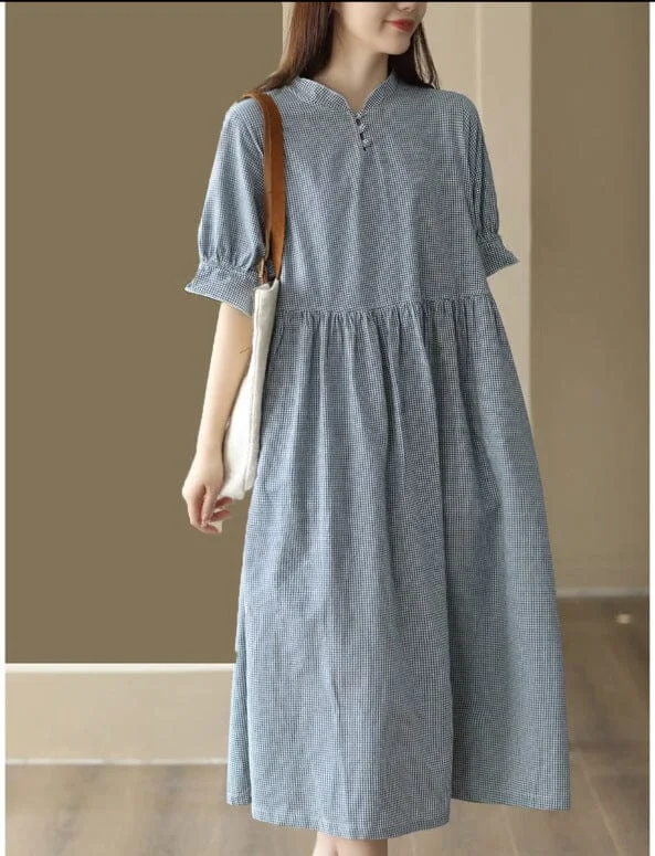 Summer Linen Casual Loose Short Sleeve Plaid Dress