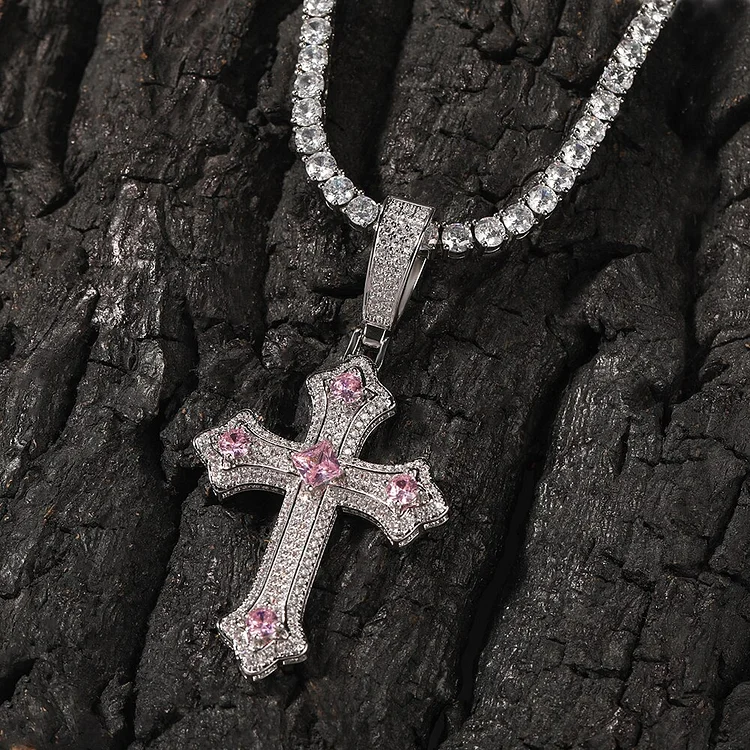 Vintage Iced Out Blue Pink Purple CZ Cross Pendant Necklace-VESSFUL