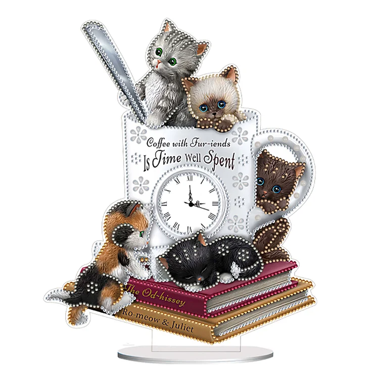 【Clock】Acrylic Special Shaped Cat Teacup 5D Diamond Painting Clock Art Craft for Decor gbfke