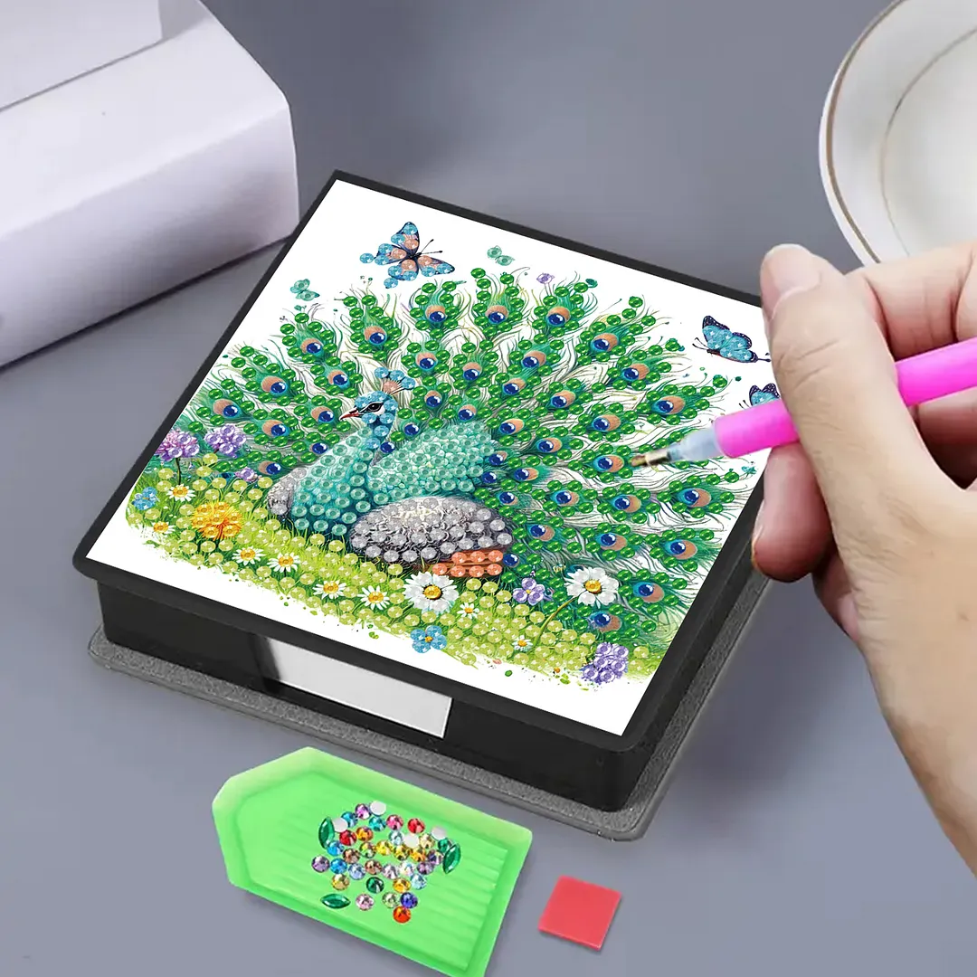 Green Peacock PU DIY 5D Diamond Painting Note Box w/160 Sheets for Office Home