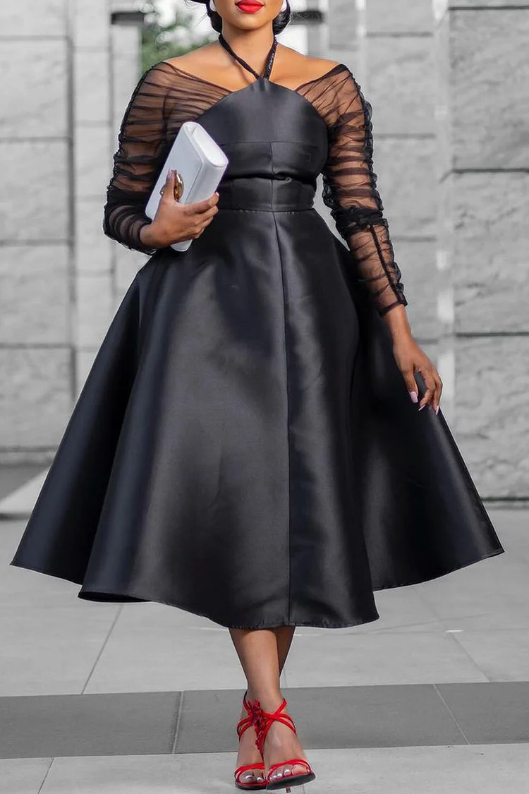 Plus Size Wedding Guest Black Halter Collar Long Sleeve See Through Ruffled Fold Satin Midi Dresses [Pre-Order]