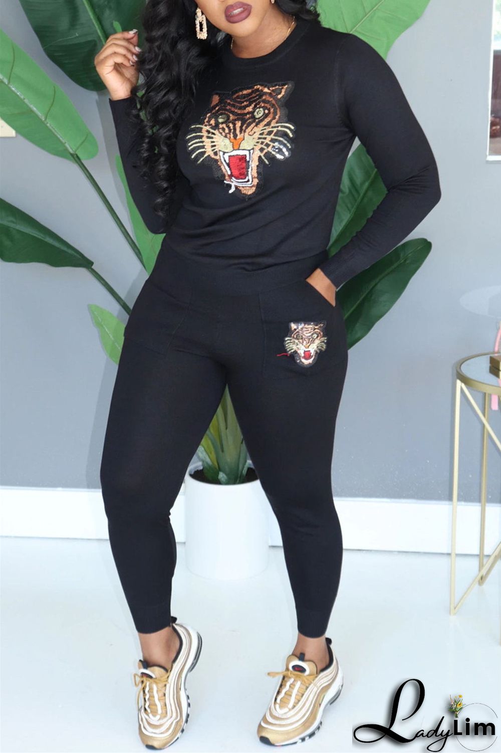 Black Fashion Casual Patchwork Sequins O Neck Long Sleeve Two Pieces