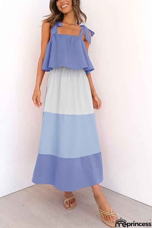 Color Block Bow Slip Maxi Dress