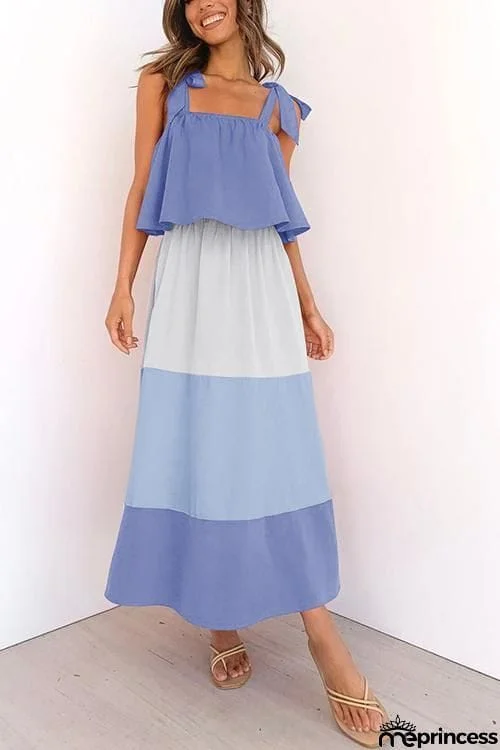 Color Block Bow Slip Maxi Dress