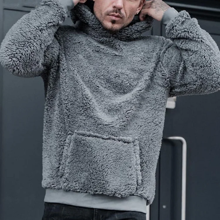 Mens Solid Color Fleece Casual Hoodie