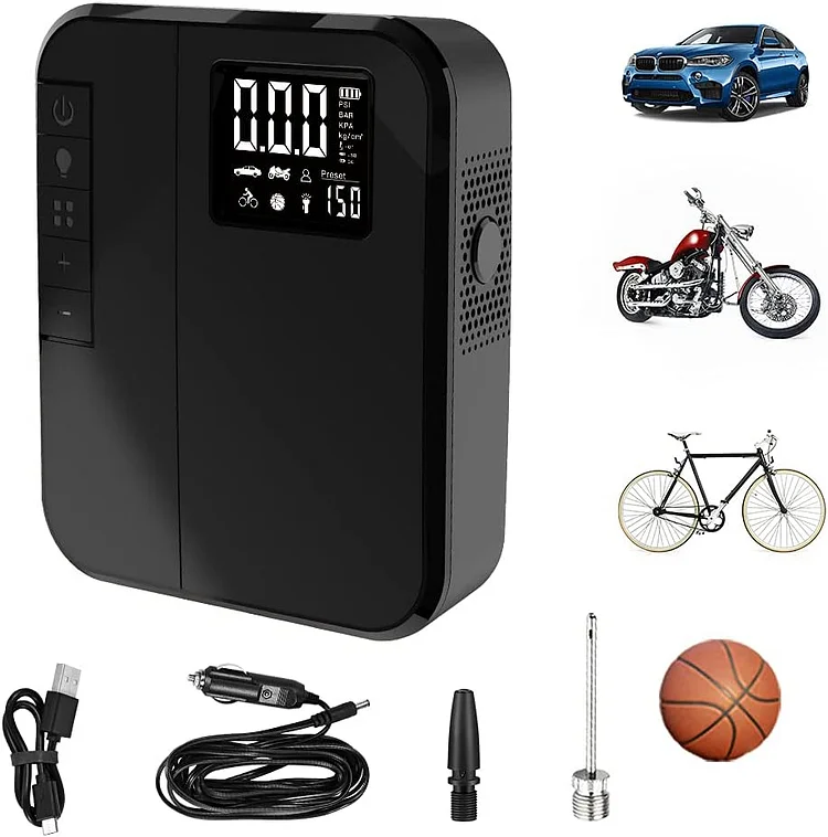 Woowind AP2-P Tire Inflator Portable Air Compressor Electric Bike Pump with Digital Pressure Gauge, Bicycle Pump Rechargeable Car Tire Pump for Car, Bicycle, Motorcycle, Scooter, Balls