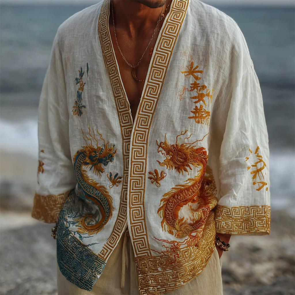 Men's Vintage Dragon & Calligraphy Art Casual Linen Kimono elevenforest