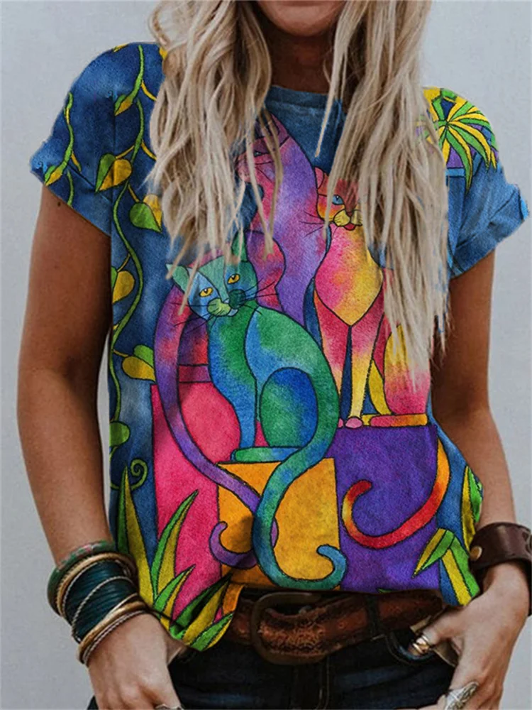 Colorful Cats Watercolor Art T Shirt