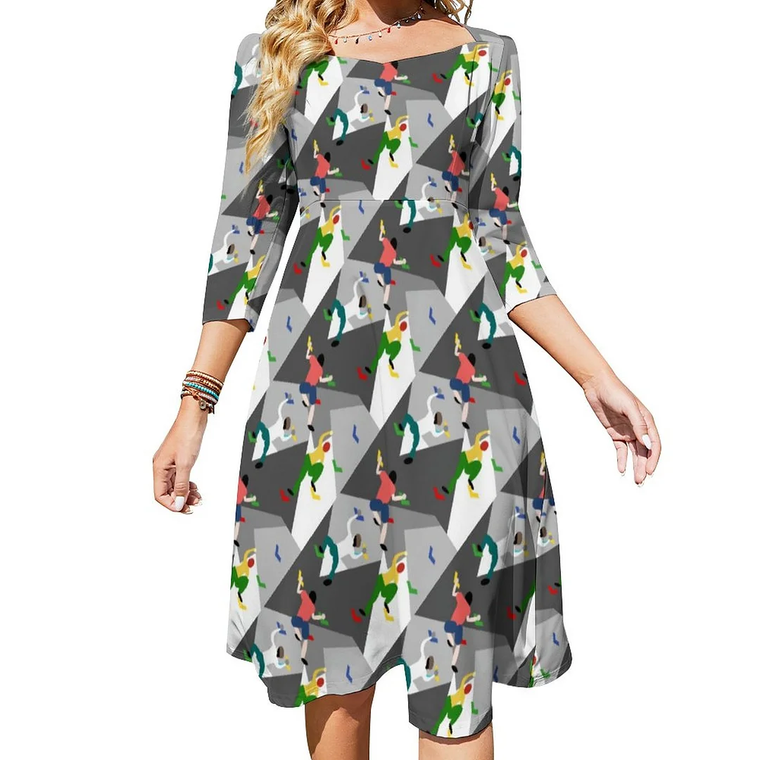 Indoor Rock Climbing Dress Sweetheart Tie Back Flared 3/4 Sleeve Midi Dresses