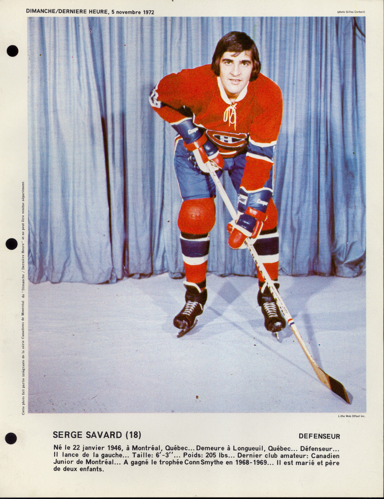 1972 Serge Savard MONTREAL CANADIENS NM DIMANCHE DERNIERE Magazine 8X11 Photo Poster painting