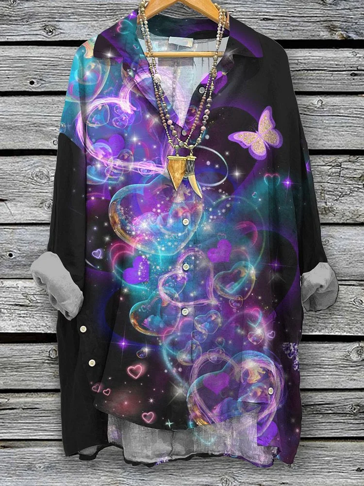 Women's Vintage Gradient Heart Pattern Butterfly Print Casual Cotton And Linen Shirt