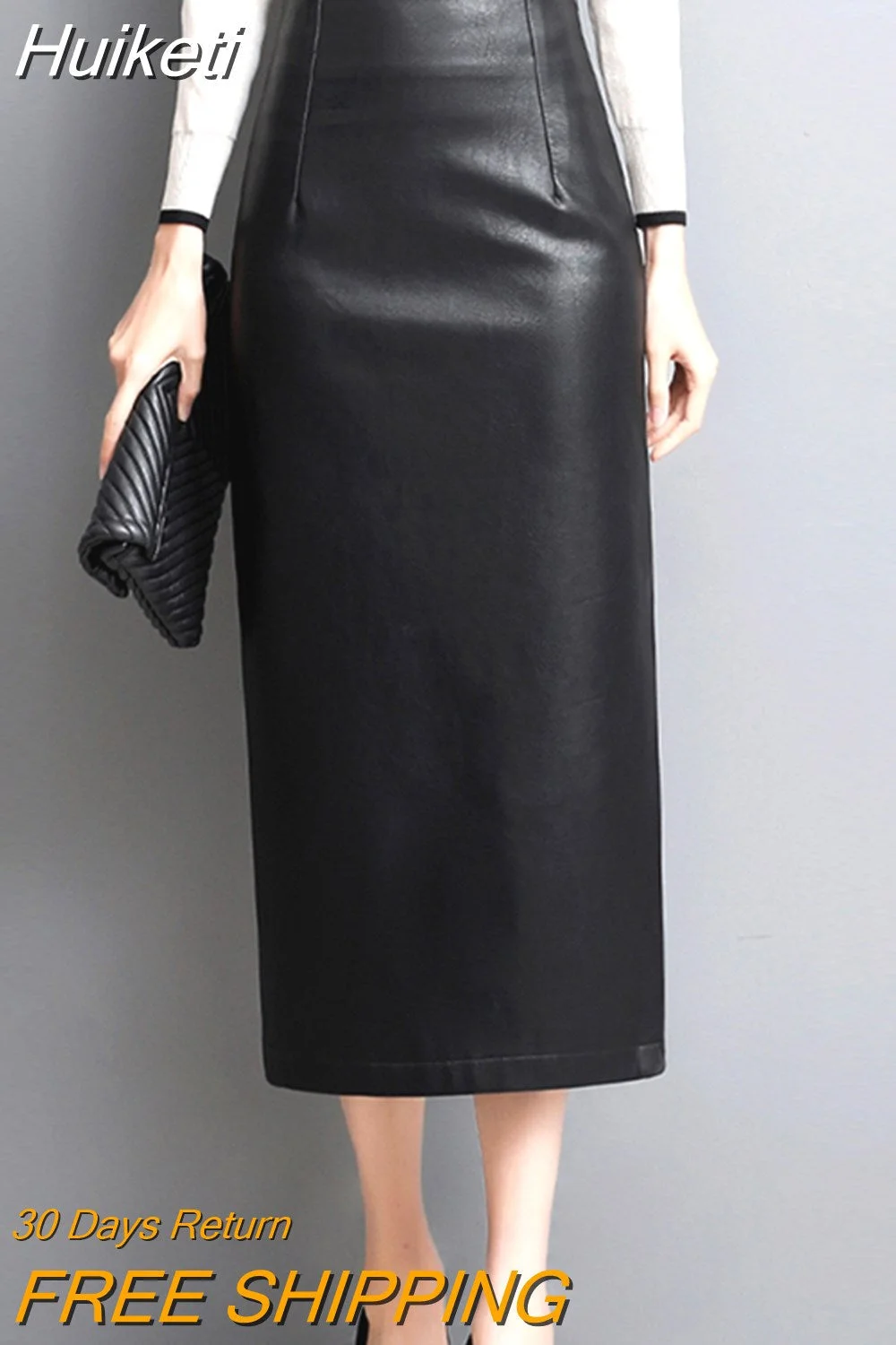 Huiketi Spring Autumn Long Black Faux Leather Pencil Midi Skirt Women with Side Slit Zipper High Waist Luxury Elegant Buttoms