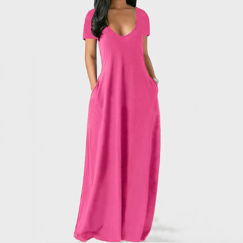Ueong Ueong New Plus-Size Women's Solid Color Dress Sexy Deep V Short-Sleeved Dress