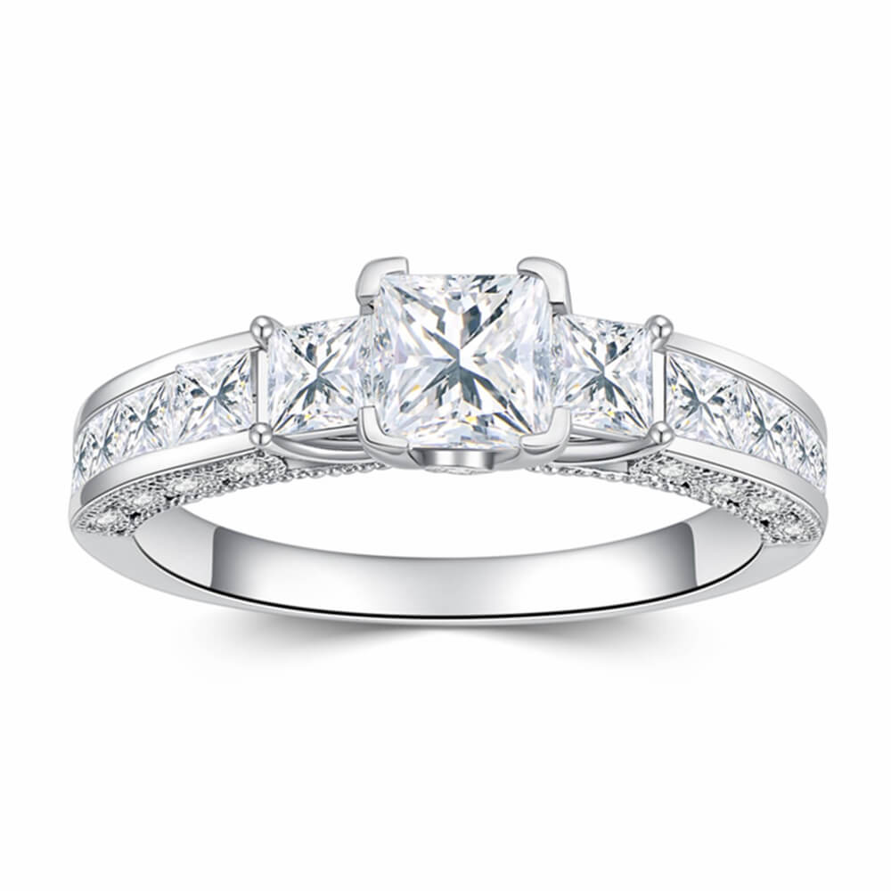 3 Stone Princess Cut Engagement Rings for Women Platinum Plated Silver 1-1/3 Carat(ctw) Moissanite Engagement Ring Vintage Wedding Promise Rings for Her