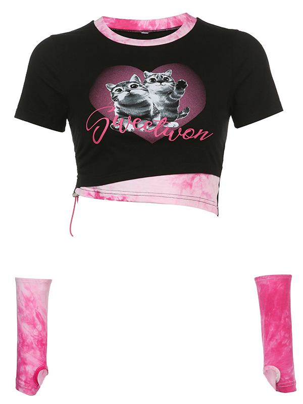 Gothic Dark Sweet Cats Printed Crew Neck Short Sleeve Crop