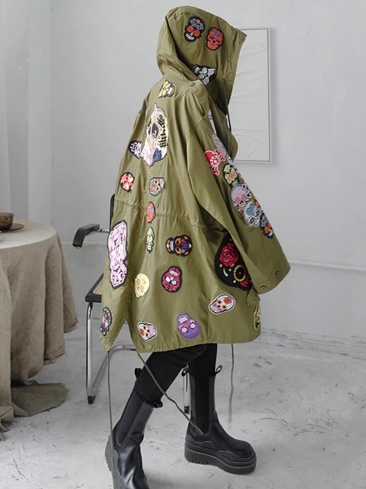 Fashion Loose Hooded Colorful Skulls Embroidered Drawstring Hem Long Sleeve Trench Coat 