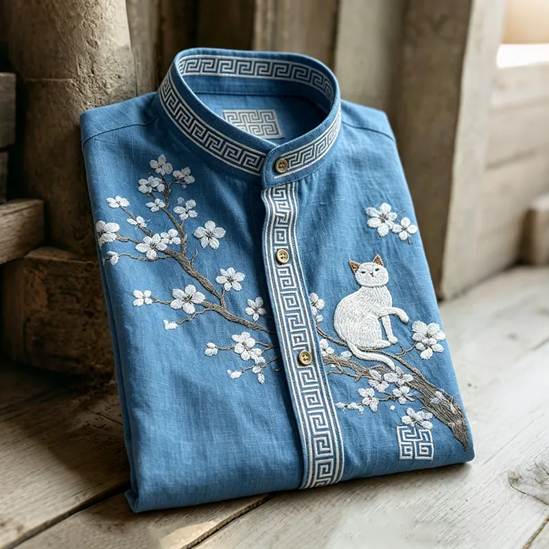 Men's Retro Japanese Cherry Blossom And Cat Art Pattern Long-sleeve Shirt artswardrobe