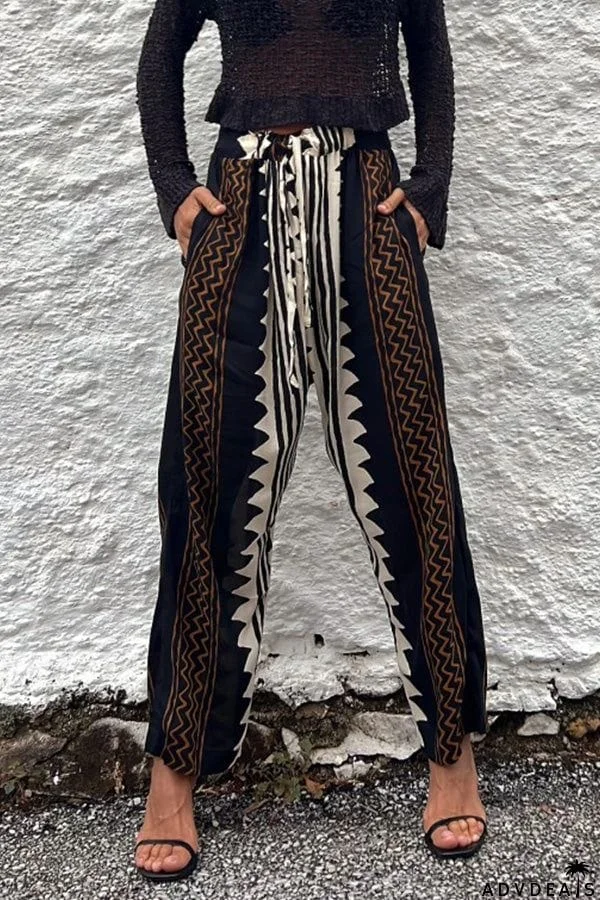 Simple Task Ethnic Print Elastic Waist Pocketed Wide Leg Pants