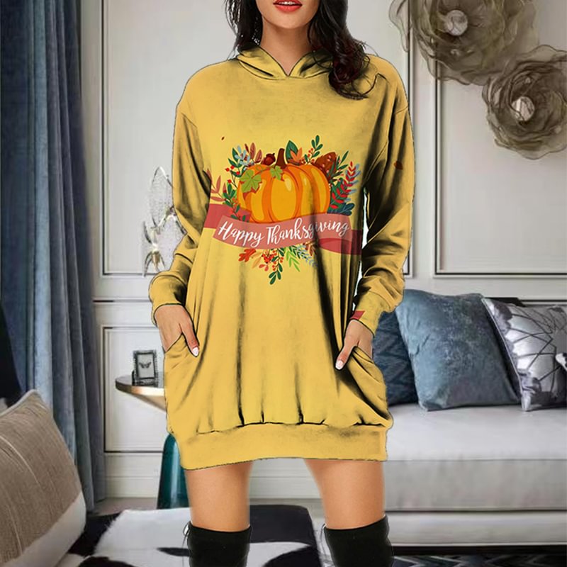 Pumpkin Letter Printed Casual Women Hooded Dress