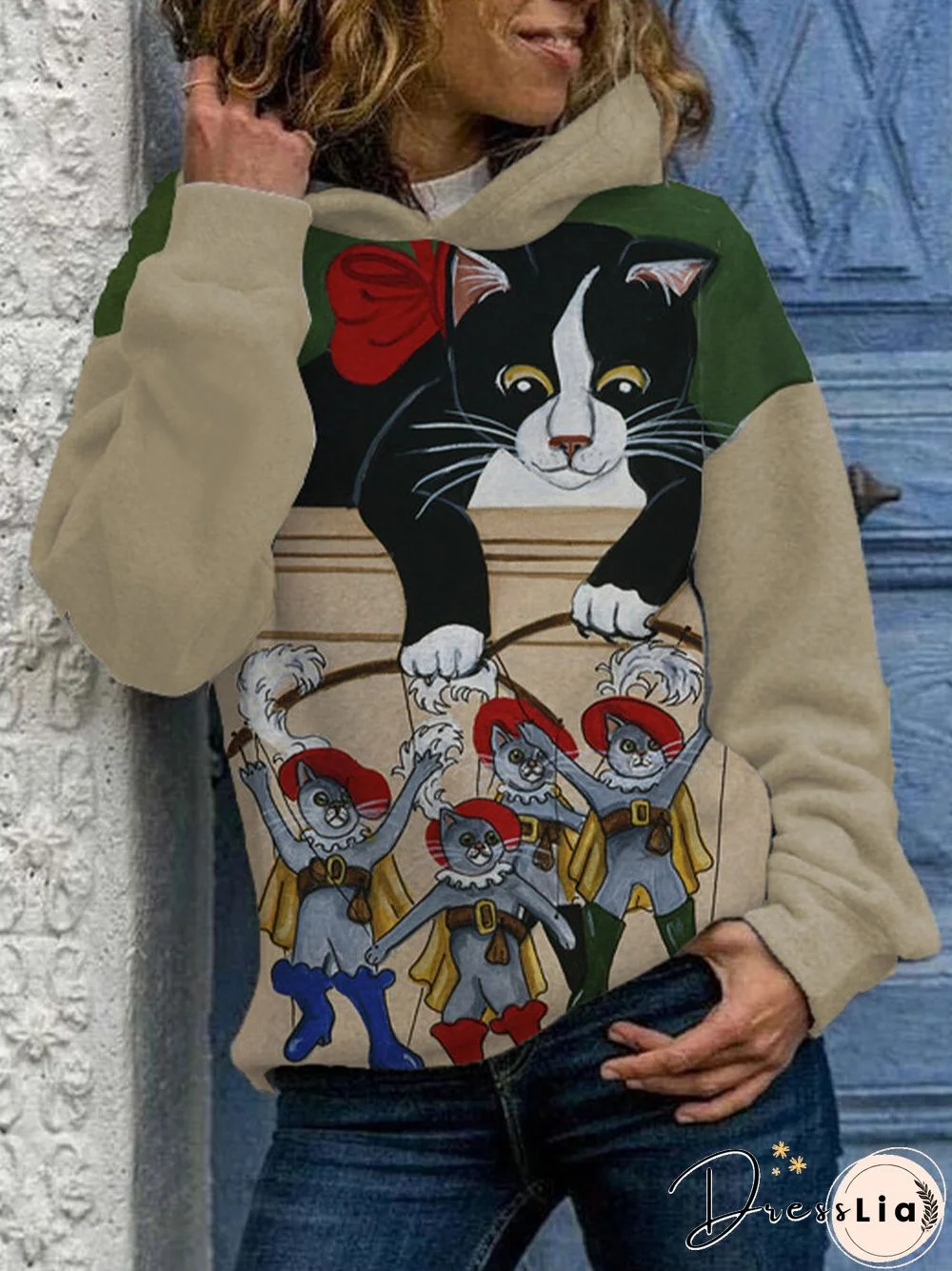 Cartoon Cat Printed Long Sleeve Hoodie For Women