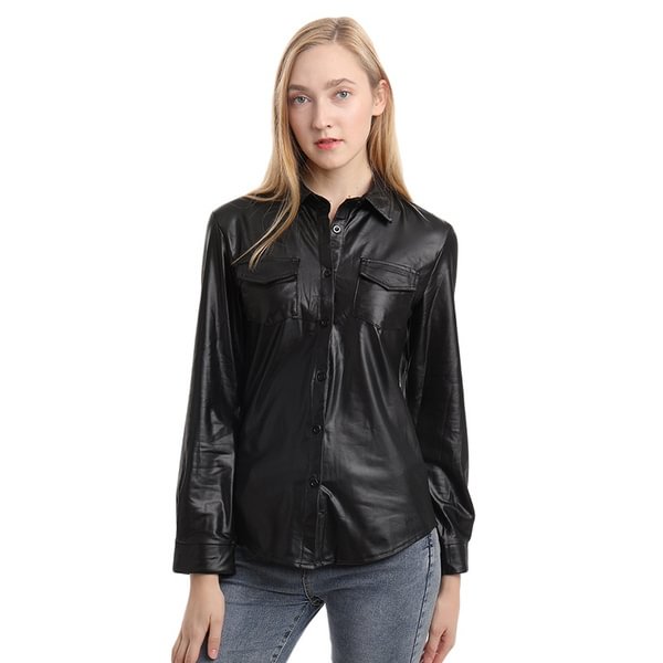 PU Leather Blouses Women Sexy Long Sleeves Buttons Women's Tops and Blouses Ladies Street Wear Casual Chic Shirts - Life is Beautiful for You - SheChoic