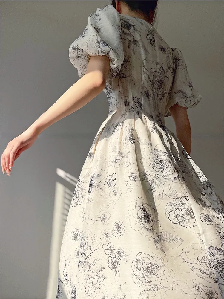 Woherb Lady Elegant Floral Midi Dress Formal One Piece Dress Korean ...