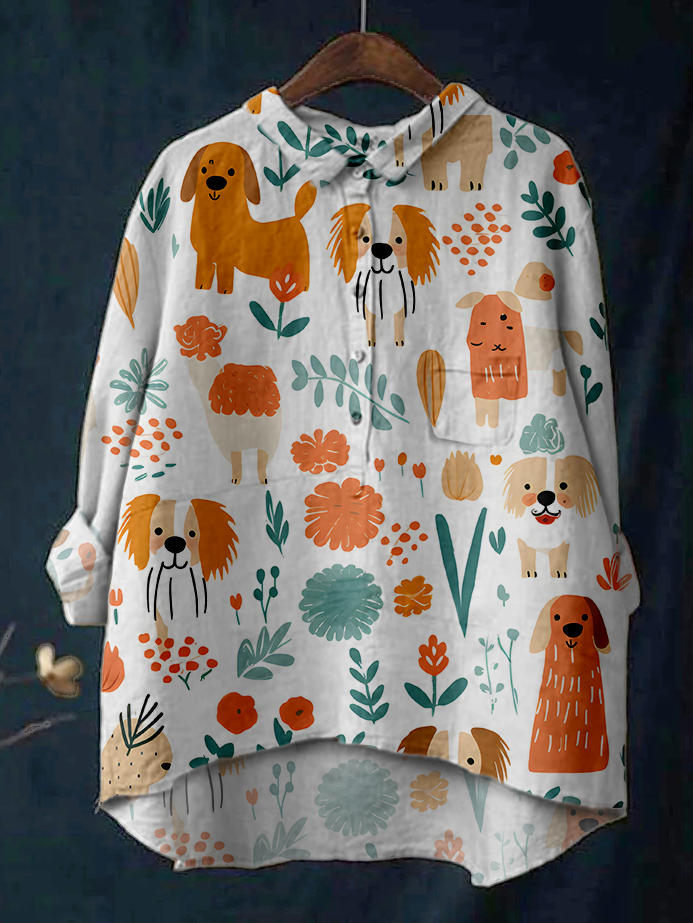 Women's Cute Puppy Print Linen Cotton Casual Shirt