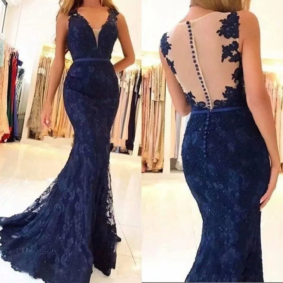 Lace V-neck sexy fishtail evening dress-zachics