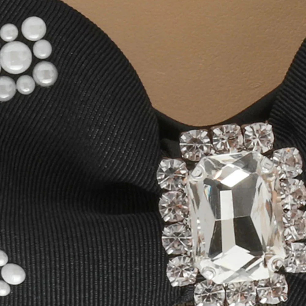 Pointed Toe Flared Heel Ankle Strap Pearl Rhinestone Bow Black Pumps