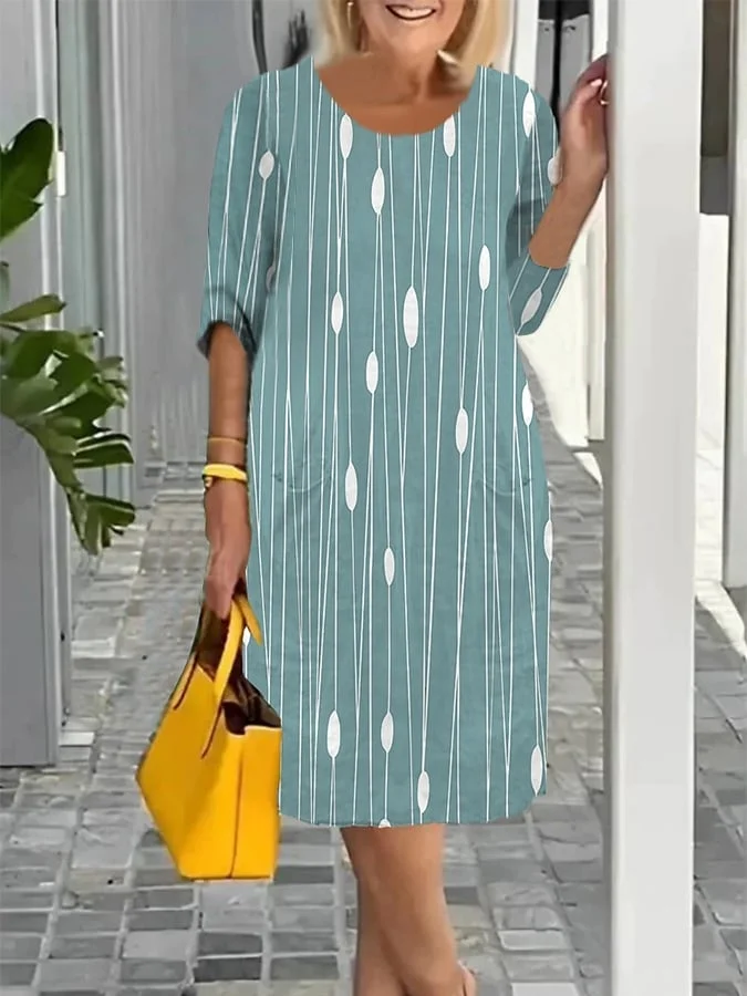 Women's Round Neck Cotton Blend Print Midi Dress