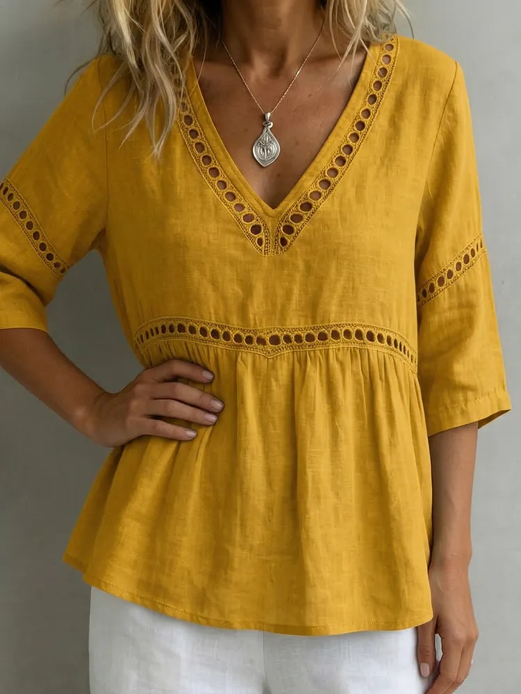 Cozy V-neck Cotton-linen Blouse With Openwork Lace Paneling