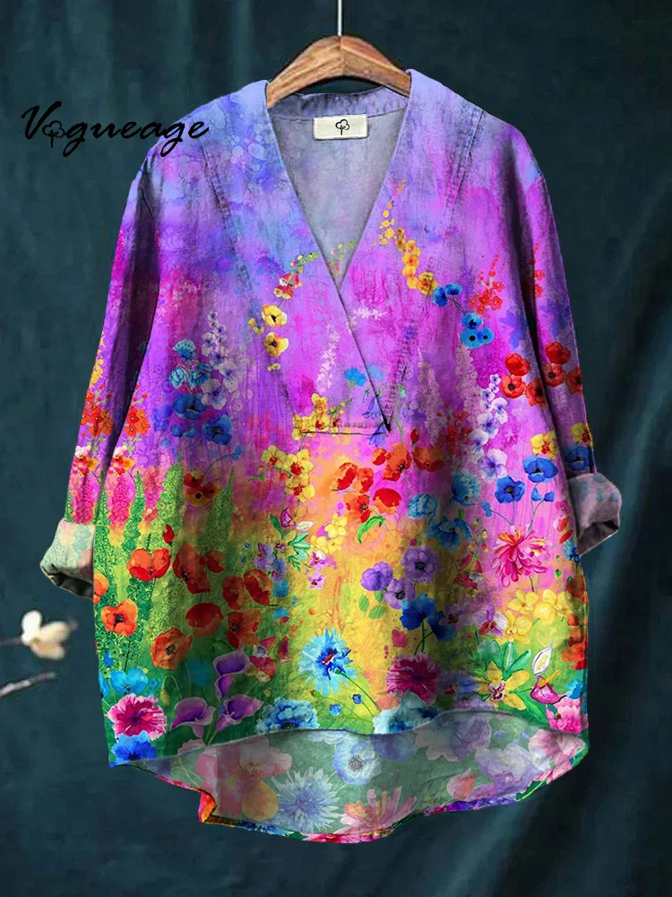 Bright And Beautiful Watercolor Flowers Printed Cotton And Linen Shirt