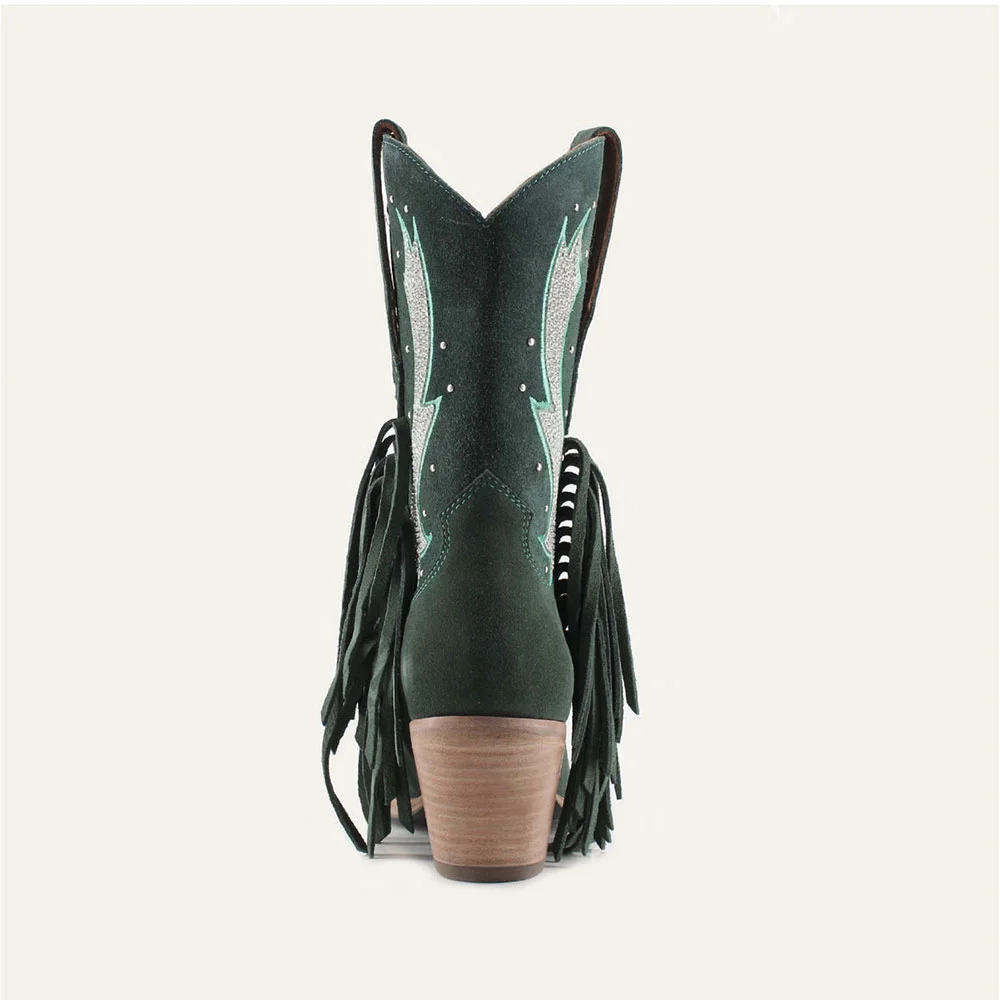 Snip Toe Studded Stacked Heel Fringe Rhinestone Cowgirl Boots in Green