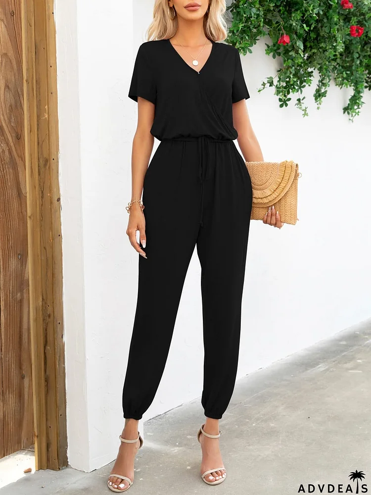 Short Sleeve V-Neck Jumpsuit with Pockets