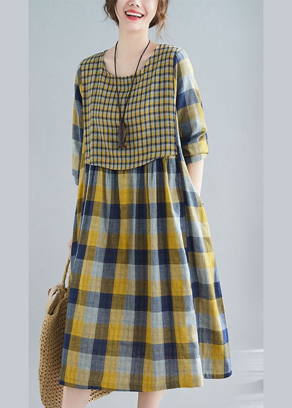 Boho Yellow Plaid Pockets Patchwork Fall Holiday Dress Long sleeve CK572- Fabulory