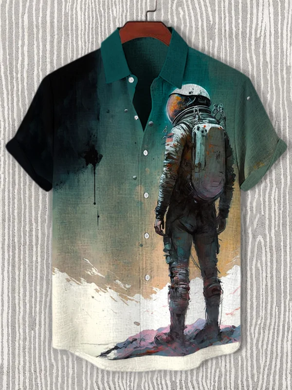 Men's Lone Astronaut Print Casual Short Sleeve Shirt