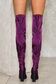 Purple Satin Chunky Heel Pointed Toe Thigh High Boots with