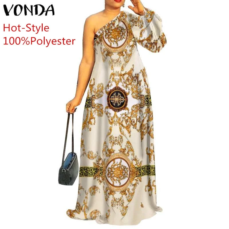 Plus Size Holiday One Shoulder Sundress Women Maxi Dress 2022 VONDA Long Sleeve Floral Printed Pleated Long Dress Casual Vestido