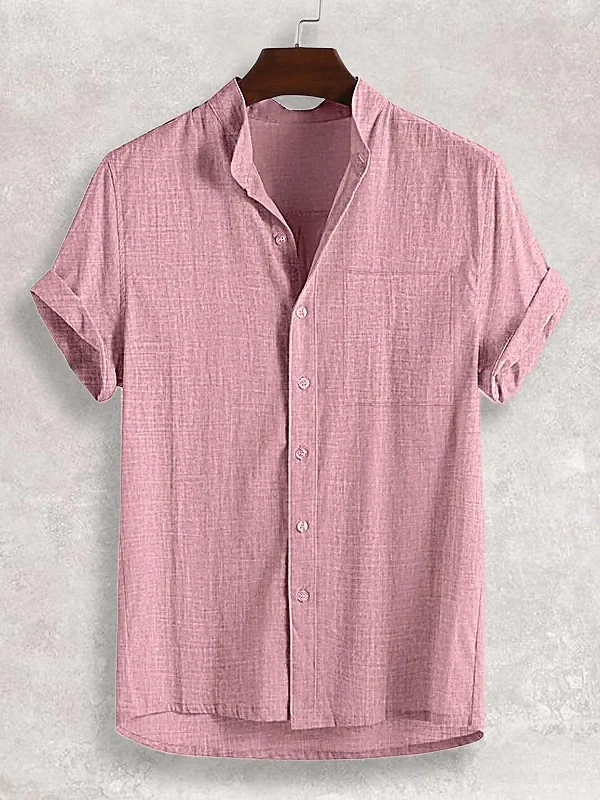 Men's Stand-up Collar Short Sleeve Cotton And Linen Shirt