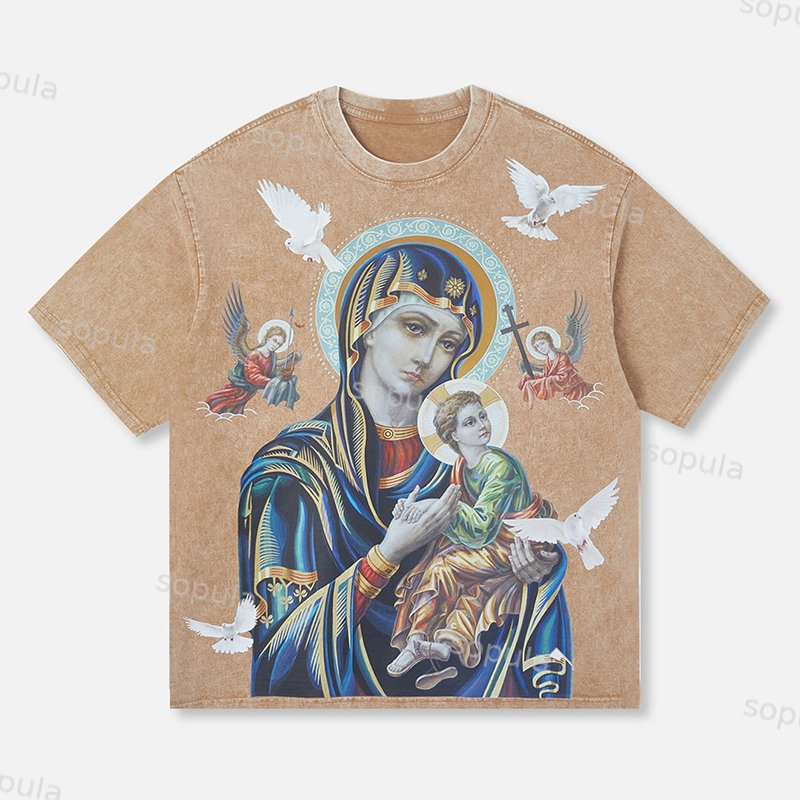 Sopula Madonna & Child Print Graphic Vintage Acid Washed T-Shirt