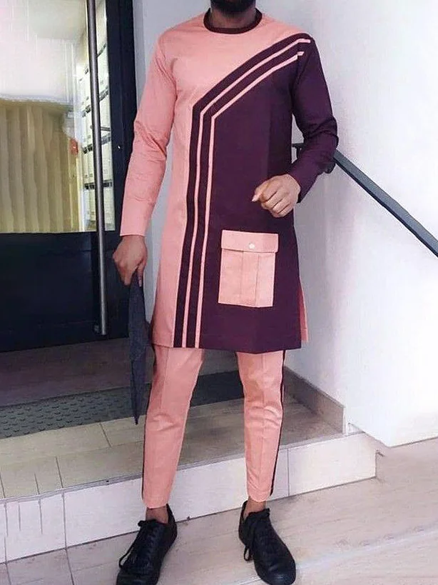 Men's chic casual pink print two-piece suit