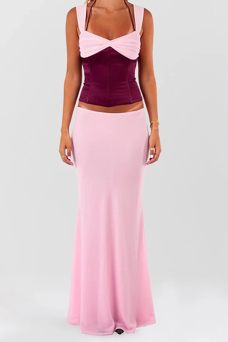 Wide Straps Two-Tone Corset Slim Fit Maxi Skirt Matching Set-Pink