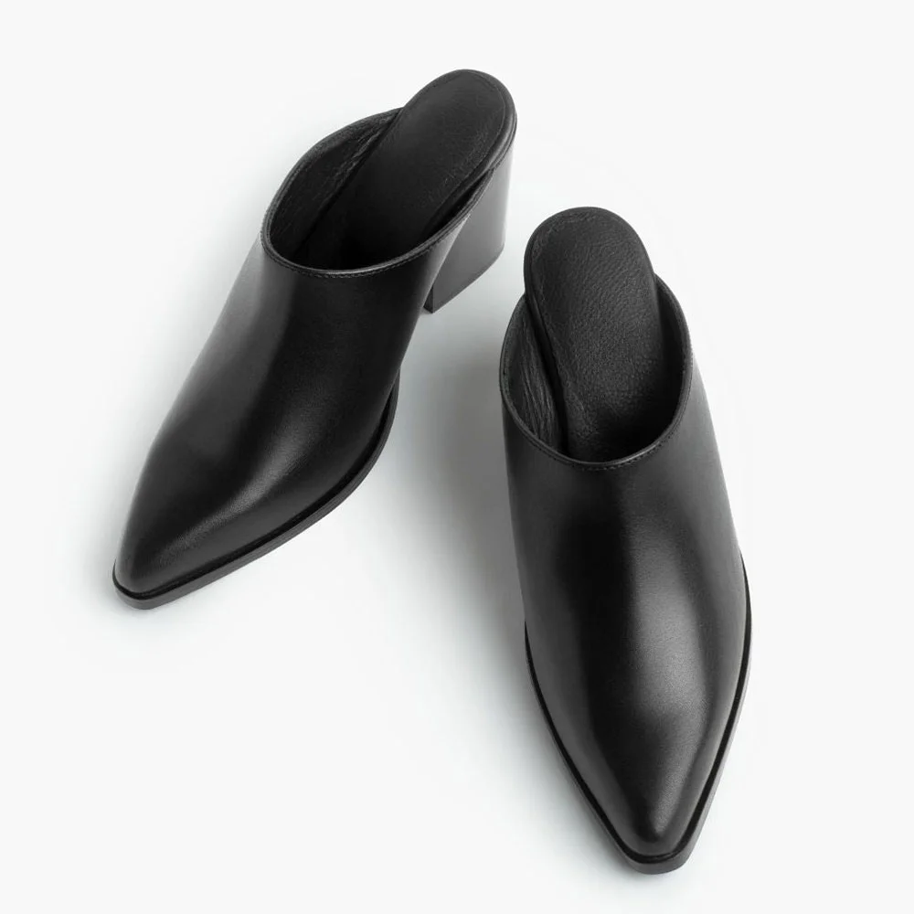 Black Slip-On Chunky Heel Mule Shoes for Women with Pointed Toe