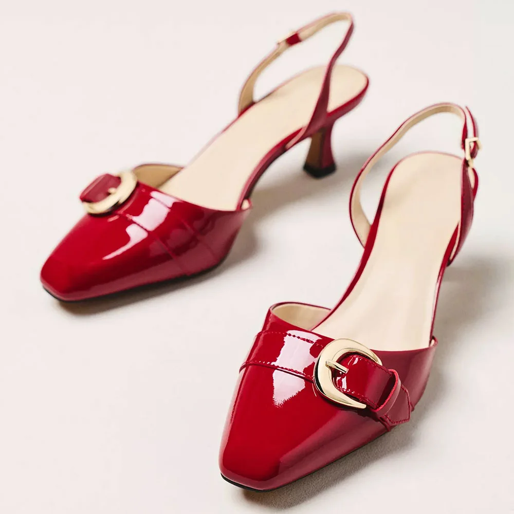 Red Patent Leather Pointed Toe Kitten Heel Slingback Pumps with Buckle