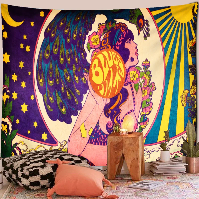 Nigikala Sun Moon Tapestry Wall Hanging Psychedelic Art Tapestries Wall Cloth Psychedelic Women Yoga Carpet Boho Decor